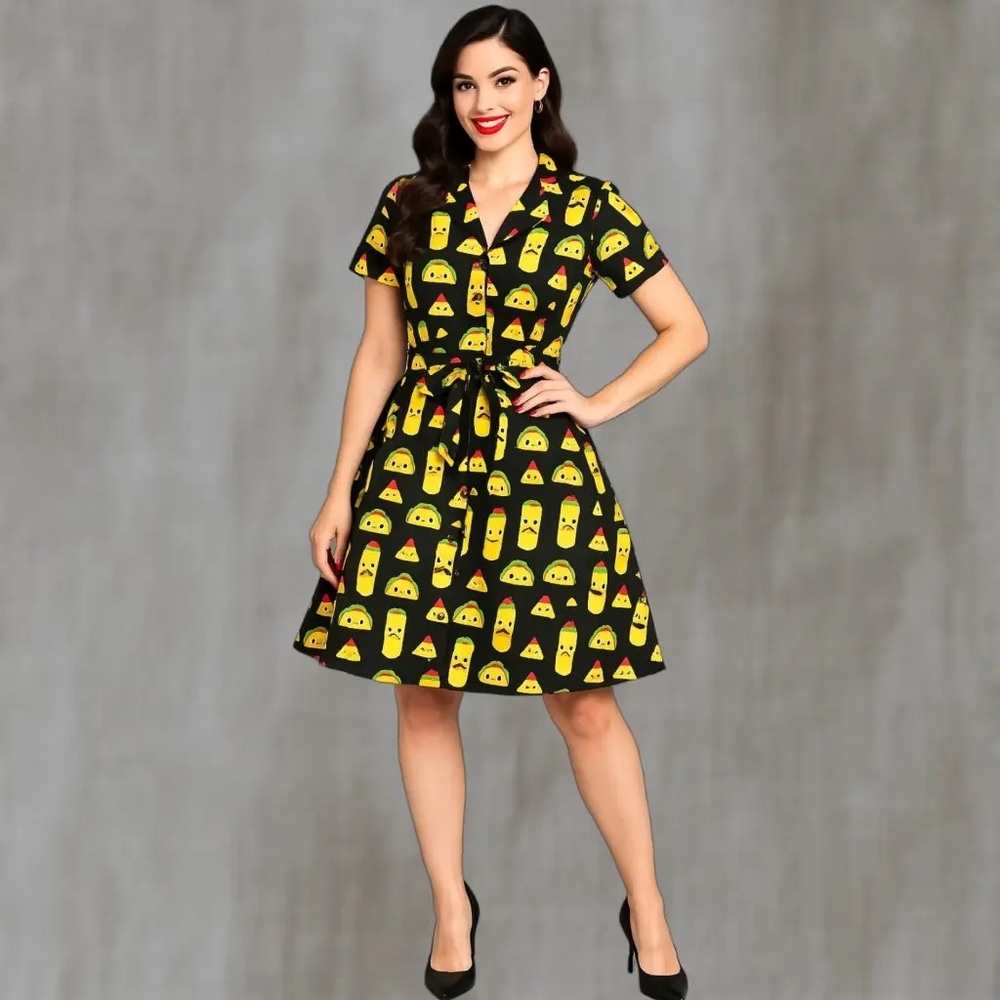 Vintage Eva Rose Retro Novelty Tacos Print Belted Fit Flare Mini Dress size M